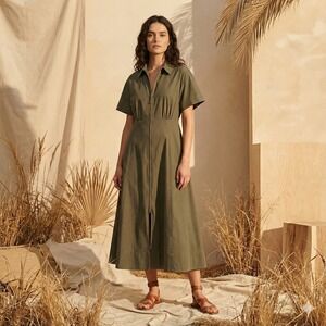 J Crew Zip-Up Shirt Dress Cotton Poplin 16 Olive Green Safari Minimalist Utility